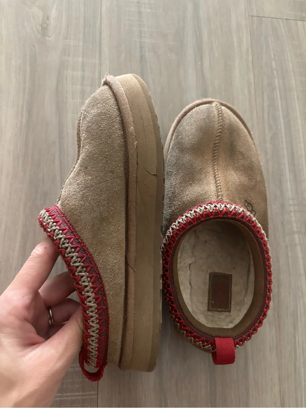 UGG Kids Chestnut Suede Slip-On Slippers with Red Accent 2Y